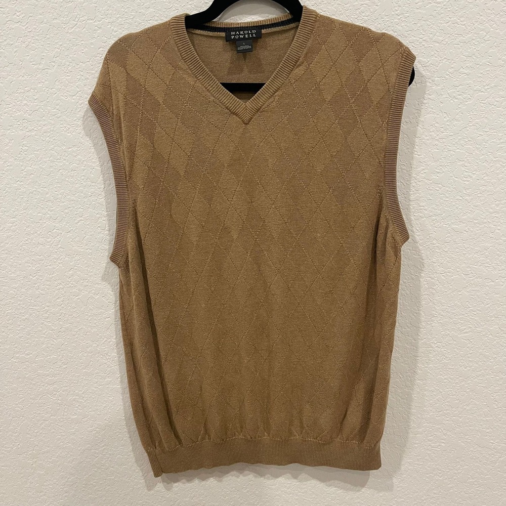 Harold Powell Men's‎ L Brown V Neck Sweater Vest Silk Cashmere Grandpa Academia